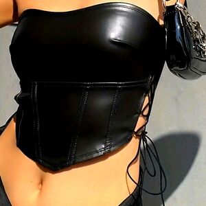 NWT~ Black Faux Leather Corset Tube Top